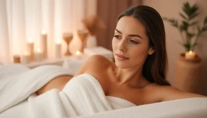 A woman relaxes during a fat reduction treatment in a tranquil spa environment.