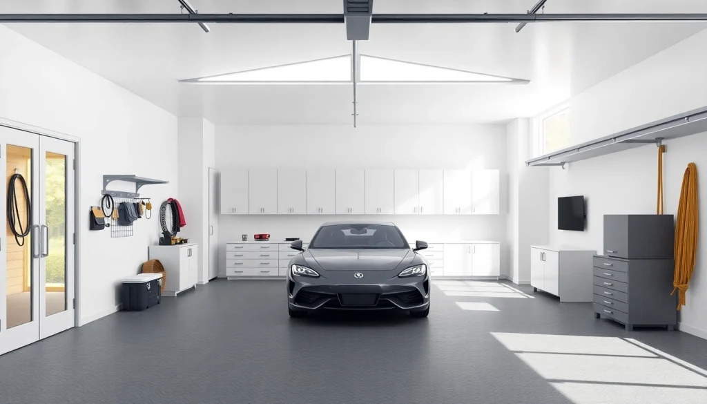 Custom garages with spacious design and elegant storage solutions in a bright setting.