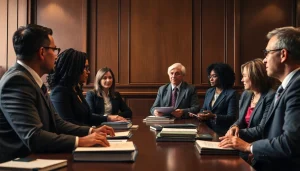 NEC lawsuit attorneys discussing legal strategies in a courtroom setting with legal props.