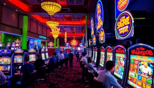 Engaging players enjoying slot gacor games in a vibrant casino setting with colorful machines.