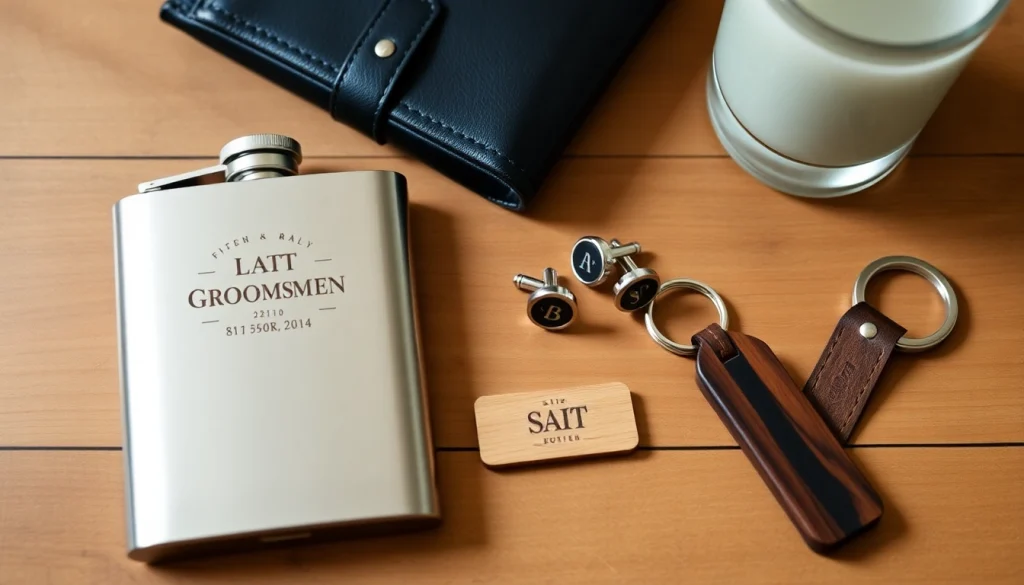 Explore unique cheap groomsmen gifts like personalized flasks and cufflinks beautifully arranged.