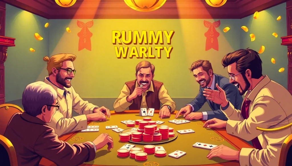 Players enjoying the rummy wealth game, showcasing excitement and strategy amid colorful cards and chips.