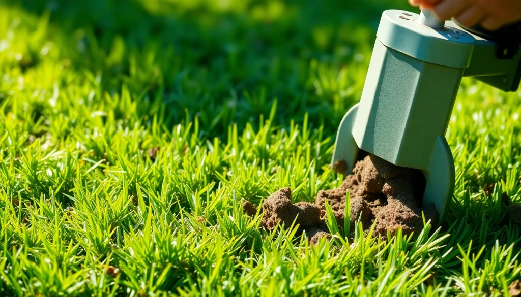 Core aeration process in action, removing soil plugs to enhance lawn health and oxygen flow.