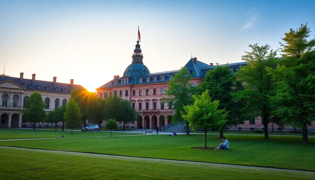 Students engaging in Polonya'da Üniversite Eğitimi on a picturesque campus under a golden sunset.