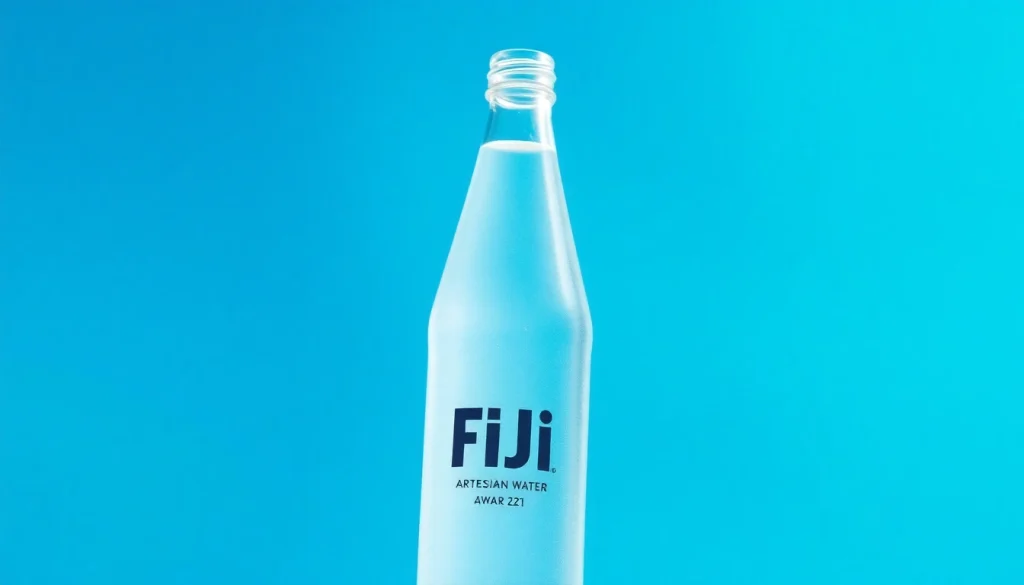 Fiji water bottle prominently displaying fda recalls fiji water, positioned on a reflective surface with a clear blue backdrop.