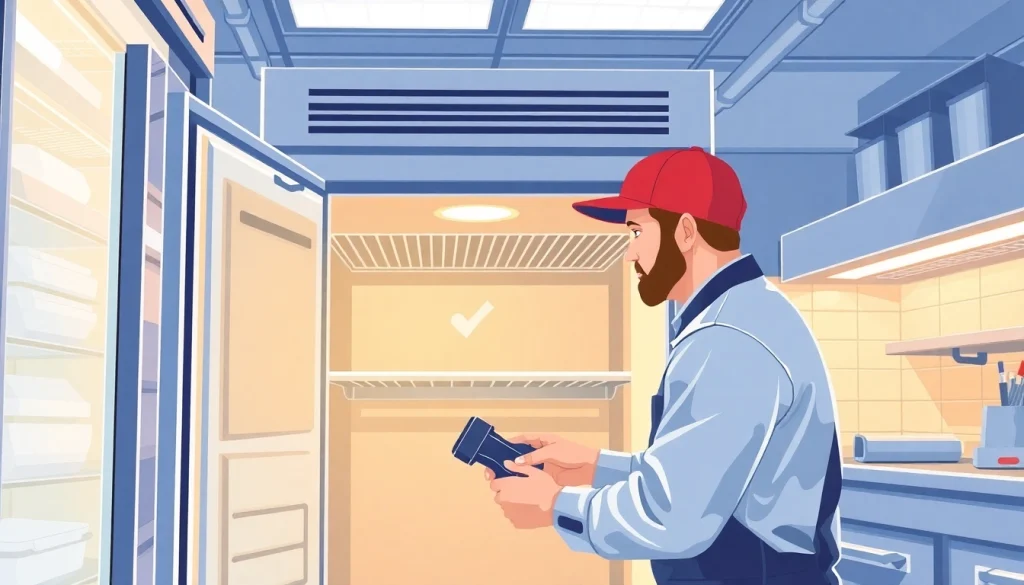 Technician performing walk in freezer repair in a commercial kitchen, showcasing tools and expertise.