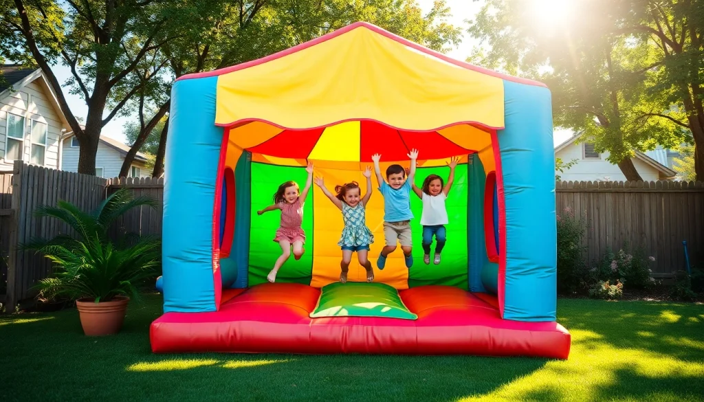 Children having a blast in a colorful Jump House at a summer party, showcasing joy and activity.