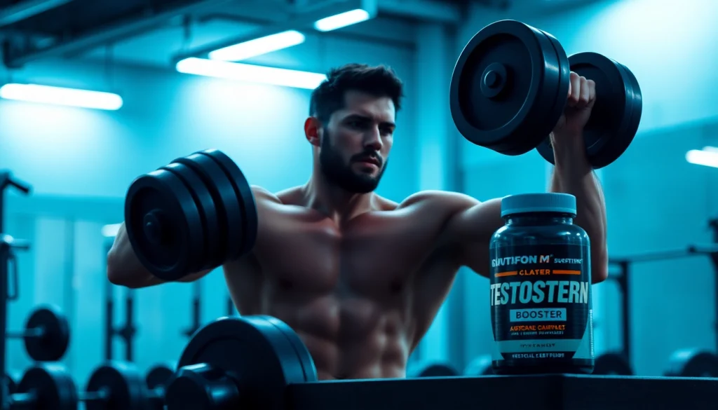 Showcase a fit man training hard with Testosteron-Booster supplements in a gym setting.