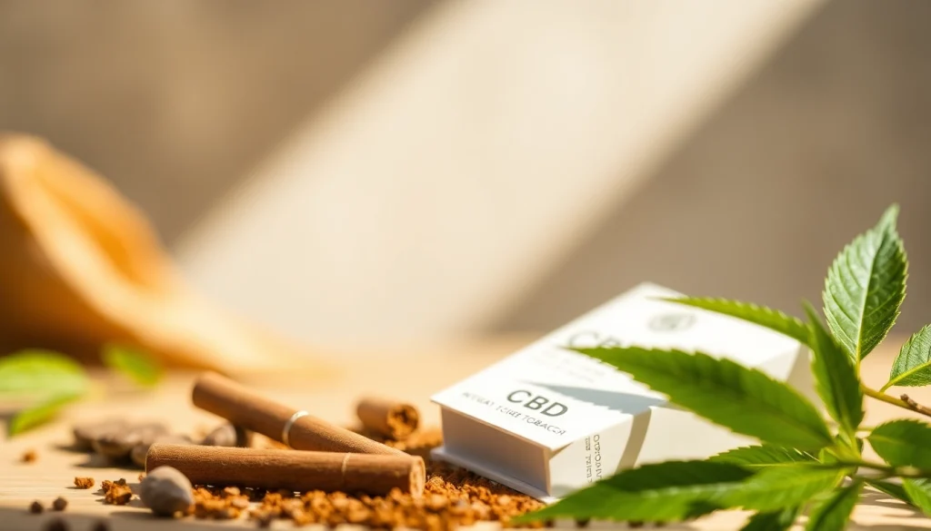 Engage with CBD Tobacco in an elegant display of packaging surrounded by fresh greenery.