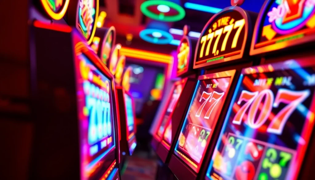 Engaging scene of สล็อต777 slot machines with bright neon lights attracting players.