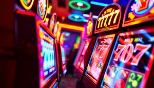 Engaging scene of สล็อต777 slot machines with bright neon lights attracting players.