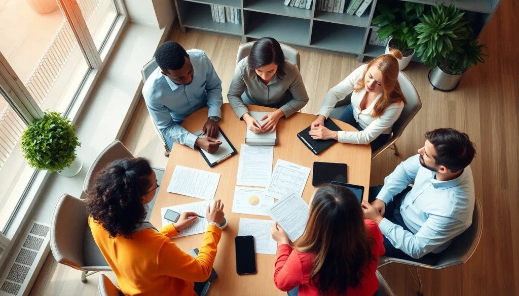 Team reviewing payroll documents and software in a collaborative office setting.