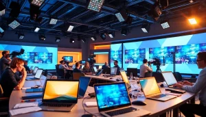 Journalists reporting the latest News in a vibrant newsroom atmosphere with laptops.