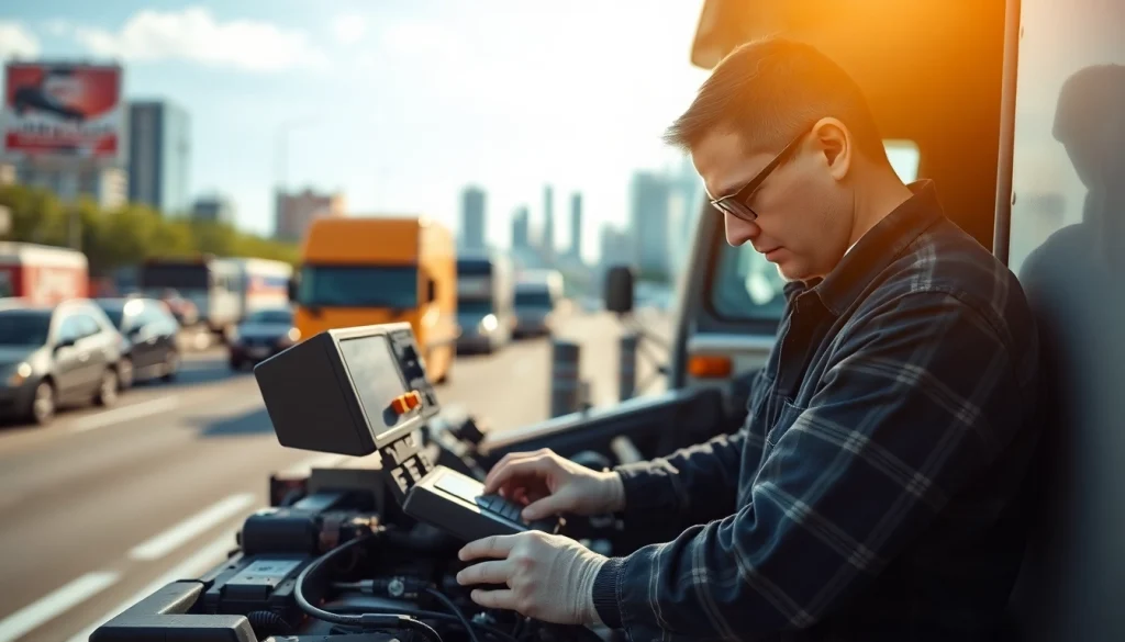 Mobile truck diagnostics and repair services with a mechanic diagnosing issues on the roadside.