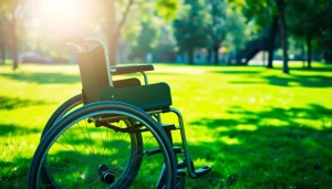 Manual wheelchair designed for comfort and mobility in a scenic park environment.