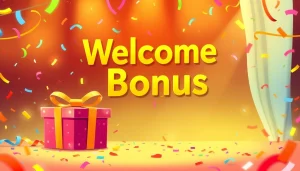 Claim your welcome bonus with a cheerful gift box and festive decorations.