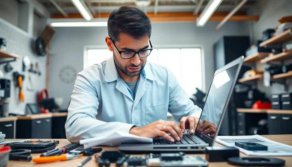 Riparazione pc torino con un tecnico esperto che ripara un laptop in un ambiente professionale.