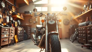 Motorrad Teile bereit zur Montage, glänzende Zubehörteile und Werkzeuge in einer modernen Werkstatt.