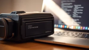 Convert MiniDV to digital format using advanced conversion tools, showcasing a camcorder and laptop setup.