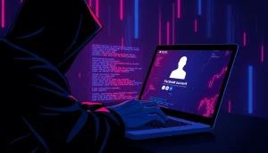 Vivid depiction of a hacker accessing a compromised Facebook account, showcasing cyber code and a tense atmosphere.