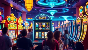 Main slot demo machine in a lively casino setting with excited players surrounding it.