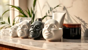 Apply a rejuvenating facial mask surrounded by vibrant skincare products on a sleek countertop.