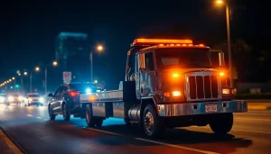 24-hour towing Tampa: Experienced tow truck assisting a stranded vehicle at night in a bustling city.
