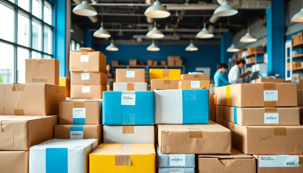 Arrange boxes for efficient packing in a vibrant modern packing store.