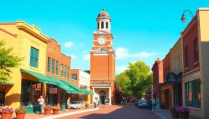 Visitors enjoying the local charm of Clarksburg in a bustling downtown scene.