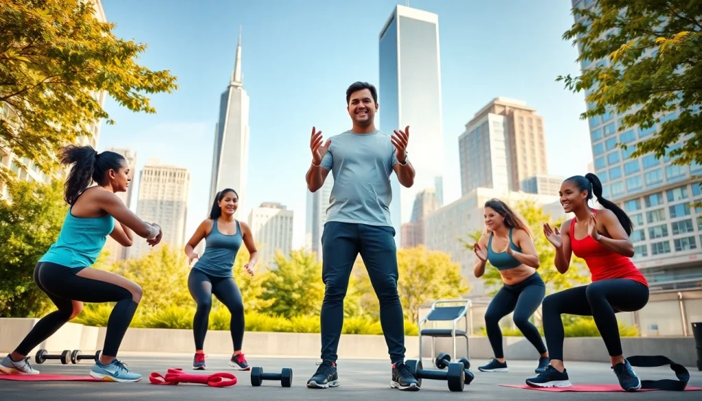 Personal Trainer Downtown Jersey City guiding clients through energetic outdoor workouts in an urban setting.