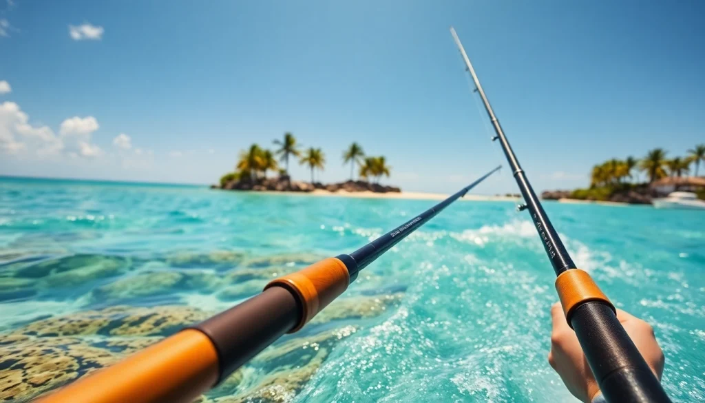 Angler enjoying saltwater fly fishing in vibrant tropical waters with coral reefs.
