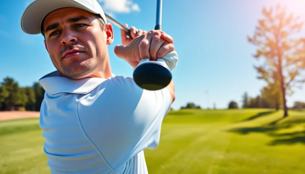 Golfer using a golf swing training aid on the practice range to enhance performance.