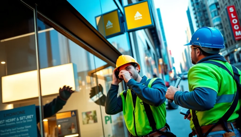Installing a new illuminated sign during a professional sign installation process.