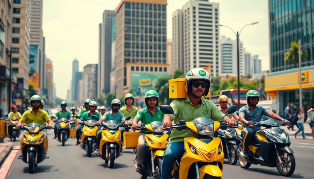 Delivering through top delivery apps in Lagos with vibrant street action and motorbike fleets.