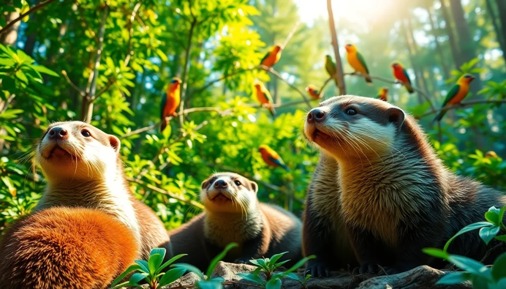 Playful otters and colorful birds in a vibrant forest ecosystem at www.sudswild.com