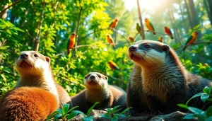 Playful otters and colorful birds in a vibrant forest ecosystem at www.sudswild.com