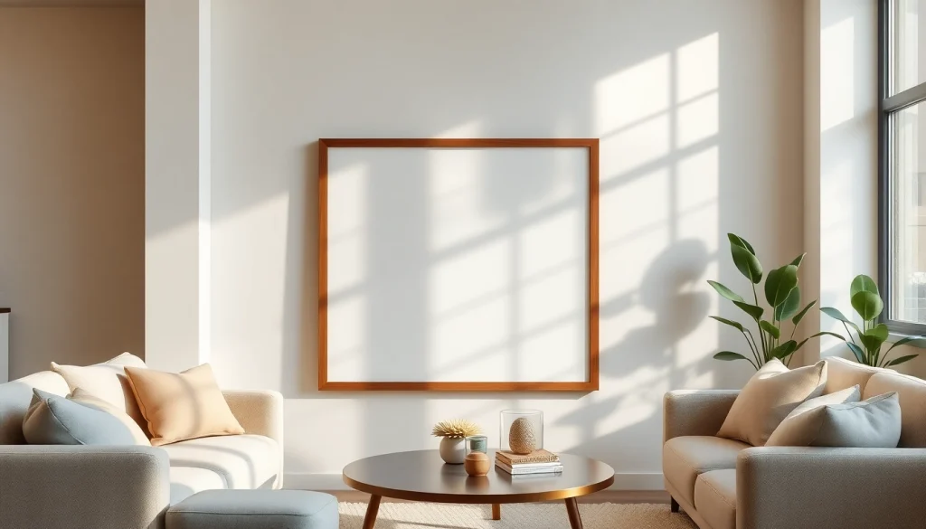 Showcase a beautiful 20x30 frame with artwork in a cozy living room setting.