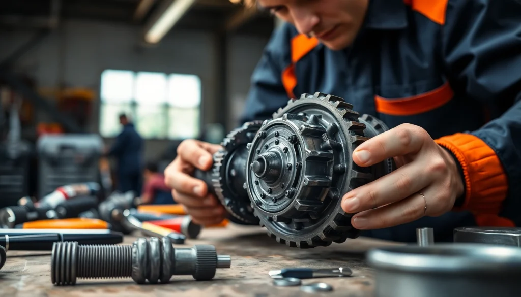 Inspecting a gearbox syncro component for precision and quality in a professional workshop.