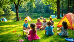 Children enjoying fun activities at holiday camps in a lush forest setting.