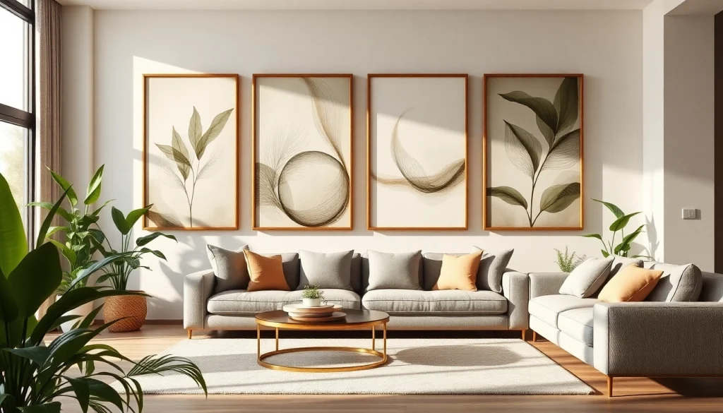 Showcasing large frames highlighting colorful artworks in a stylish living room setup.