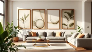 Showcasing large frames highlighting colorful artworks in a stylish living room setup.