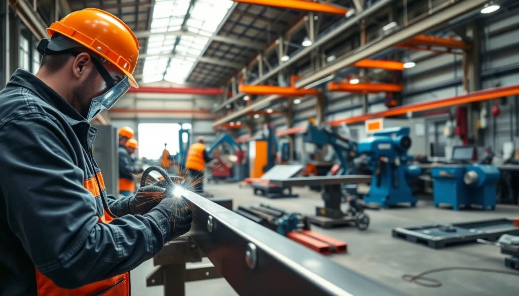 Industrial fabrication Edmonton workers skillfully welding metal structures in a dynamic workshop.