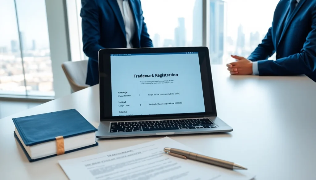 Consultant explaining trademark registration in Dubai to a client in a professional office.