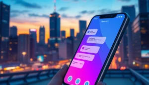 Showcasing the features of 纸飞机官网 on a smartphone interface against a vibrant city skyline.