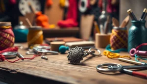 Schlüsselanhänger kreativ gestaltet auf einem rustikalen Tisch mit bunten Materialien.