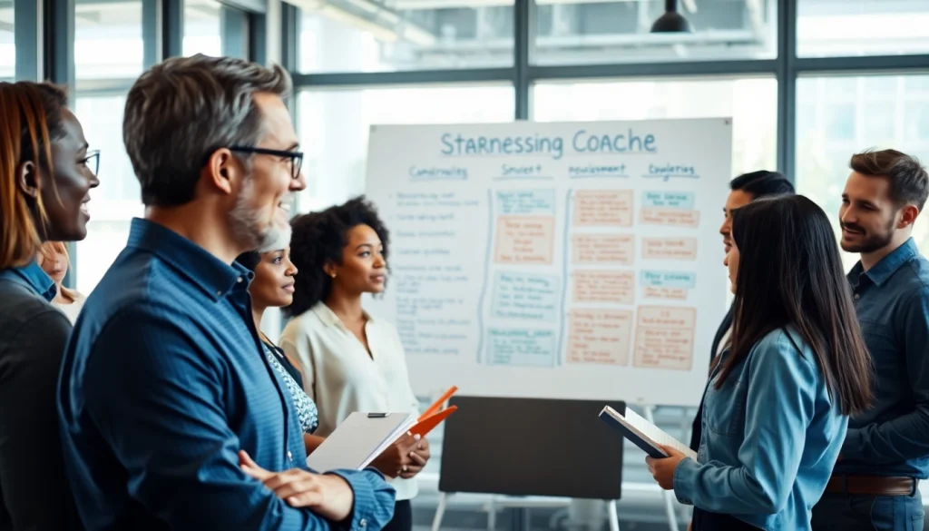 Engaging business coaching service session highlighting teamwork and strategy development.