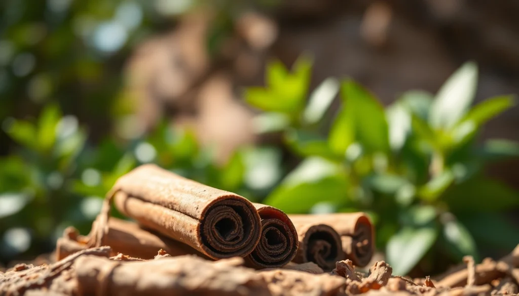 Cinnamon Bark displayed prominently in a natural setting with rich textures and tones.