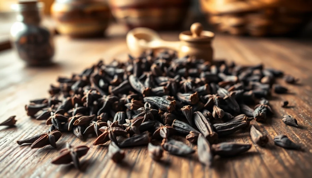 Whole cloves displayed on a rustic table, highlighting their unique shapes and textures.