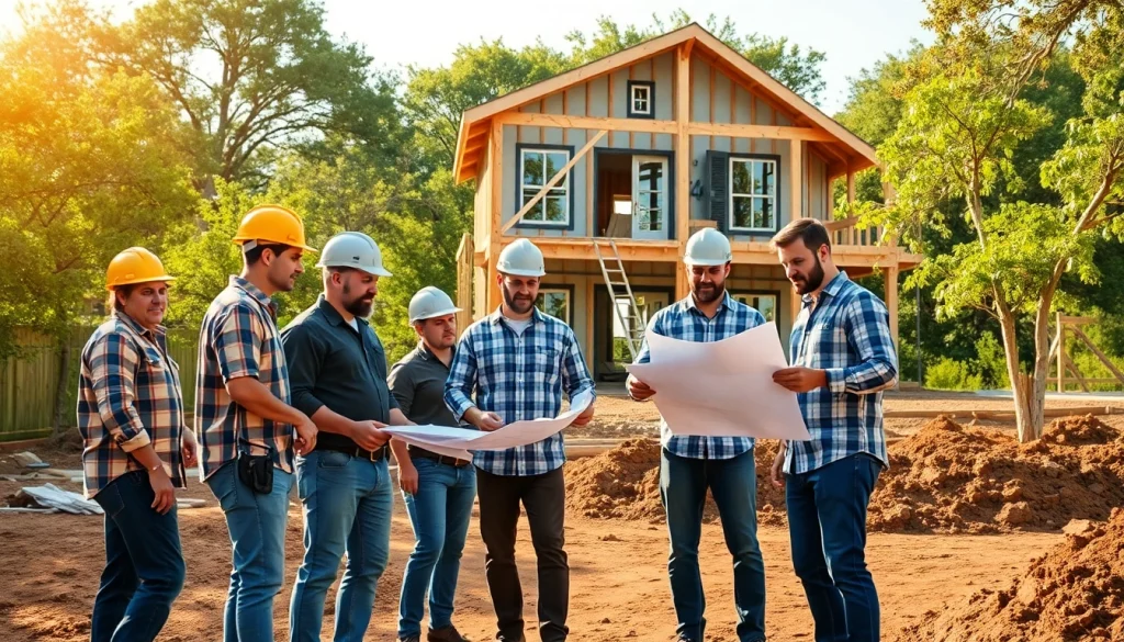 Construction professionals engaging in austin construction project with blueprints, showcasing teamwork.