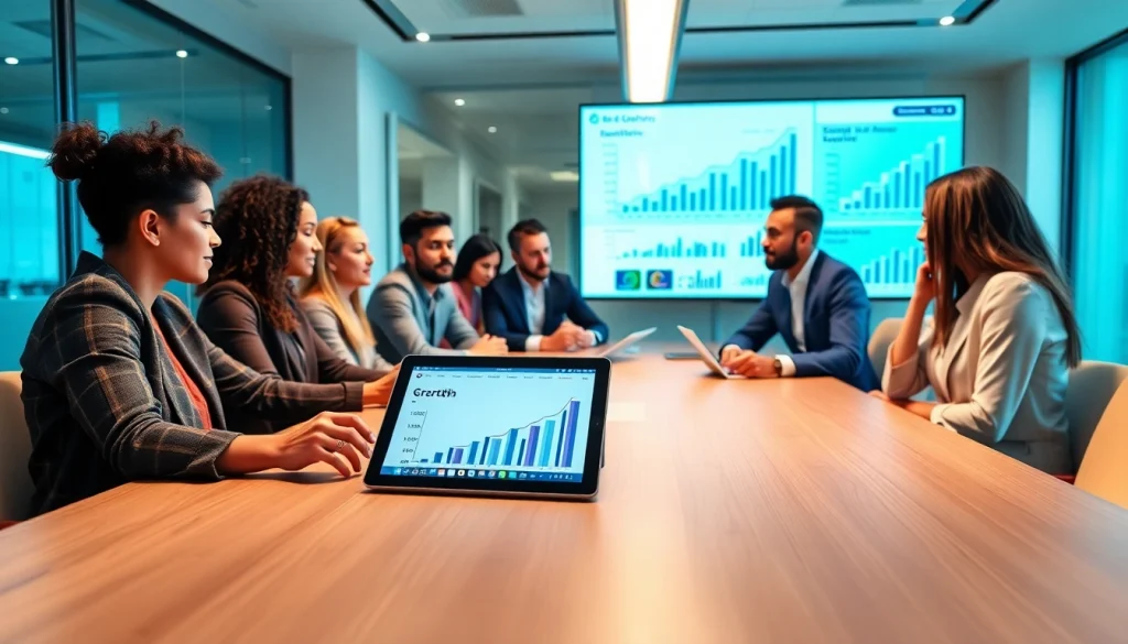 Engaging strategy meeting at a startup fractional agency with professionals analyzing growth metrics.